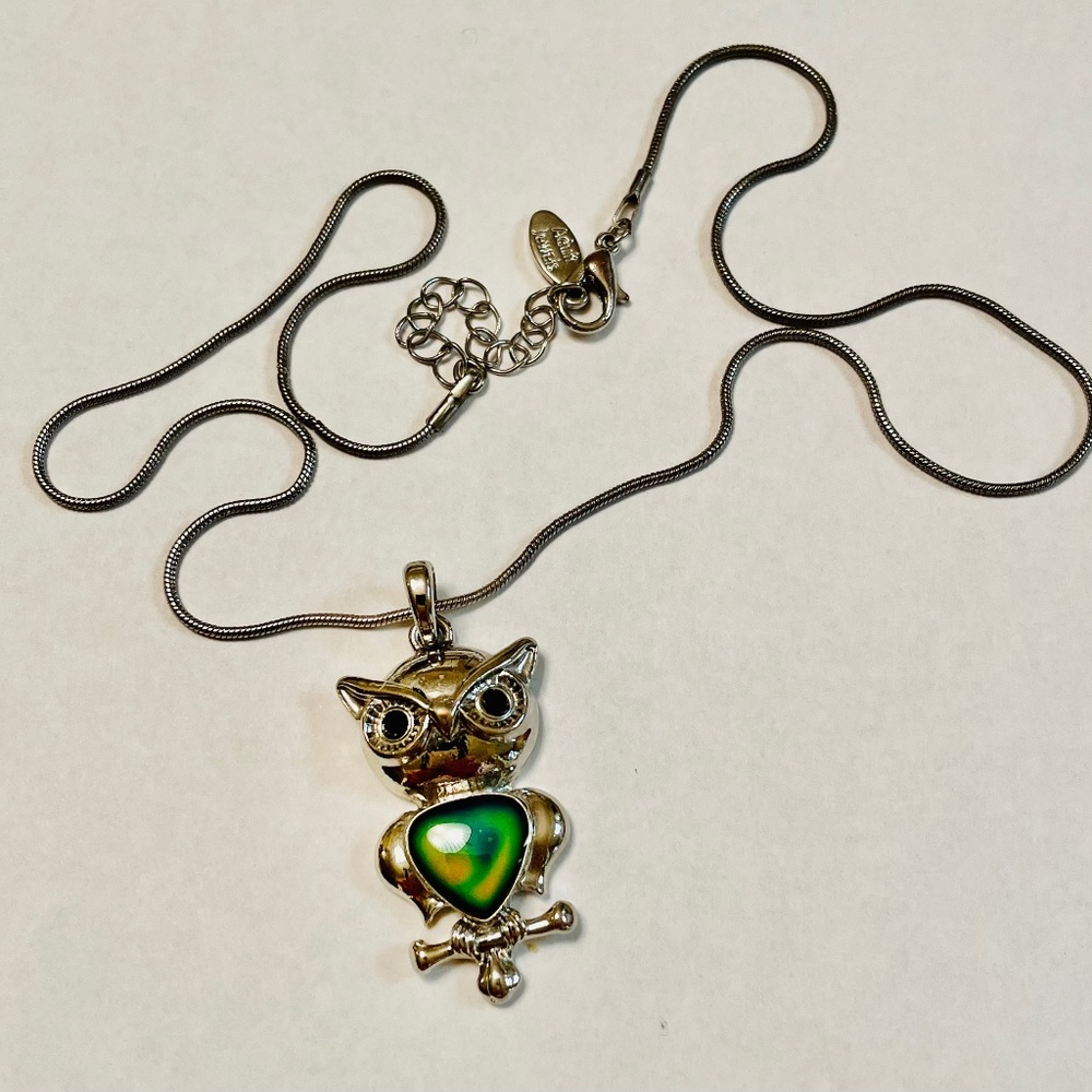 Owl Necklace with Mood Stone and Black Crystal Eyes